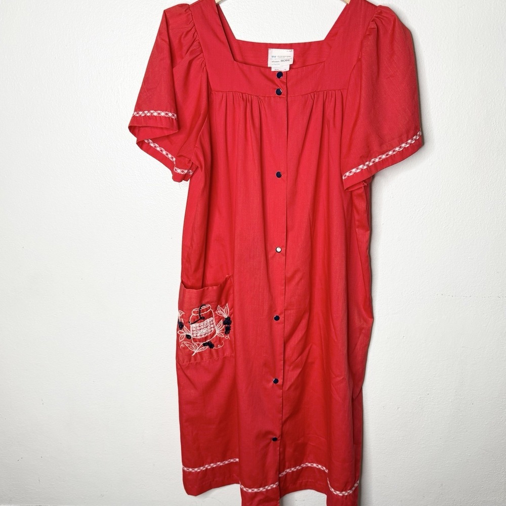 Vintage JC Penny Misses Robe Red Snap Up House Dress Embroidered Womens 14‎